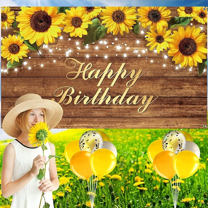 Tiamon 52 Pcs Sunflower Birthday Party Decorations - 50 Gold Yellow Balloons Arch Garlands Kit, 1 Happy Birthday Backdrop Banner, 1 Sunflower Plastic Tablecloths for Wedding Baby Shower Party Supplies