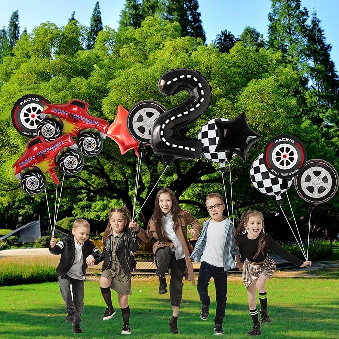 Monster Truck Balloons Party Decorations - 11 Pcs Black Birthday Number 2 Foil Tire Balloons Decor For Boys Girls 2nd Birthday Race Car Themed Party Supplies