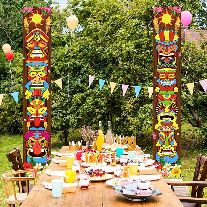 Frienda Hawaiian Luau Party Decoration Supplies Tiki Banner Tiki Totem Door Sign for Hawaii Tropical Decoration Aloha Tropical Birthday Party Wall Hanging Decor Supplies