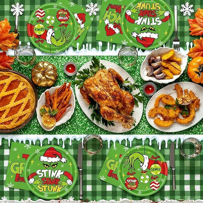 101 PCS Grinchmas Plate Set Christmas Tableware Set for Christmas Party Supplies Birthday Party Decoration