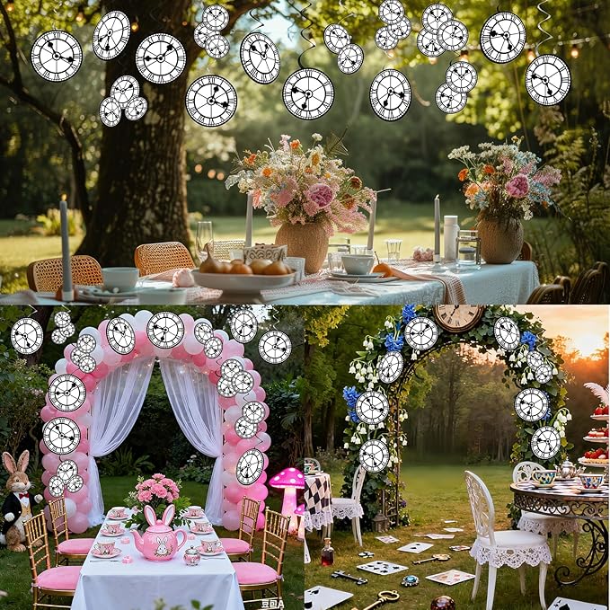 60Pcs Wonderland Clock Hanging Swirls Wonderland Tea Birthday Party Decorations Curious Clock Ceiling Streamers Fairytale Themed Hanging Decorations for Birthday Baby Shower Tea Party Supplies