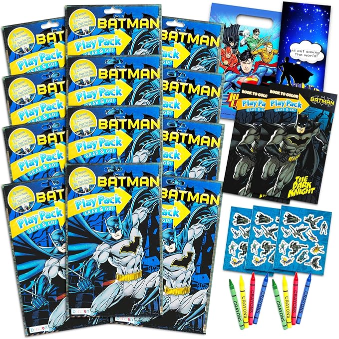 DC Comics Batman Party Favors Pack ~ Bundle of 12 Batman Play Packs Filled with Stickers, Coloring Books, Crayons with Bonus Loot Bags, Harley Quinn Patches, and Door Hanger (Batman Party Supplies)