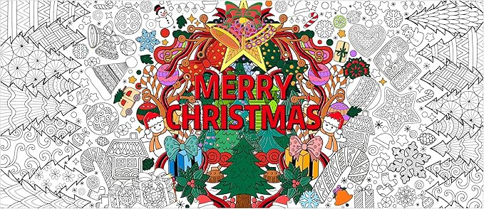 Dvbonike Jumbo Xmas Mandala Coloring Poster Giant Merry Christmas Color-in Paper Poster DIY Drawing Blank Doodle Art Banner 55.1 x 23.6 inch Decoration, Home School Activity Party Supplies for Kids