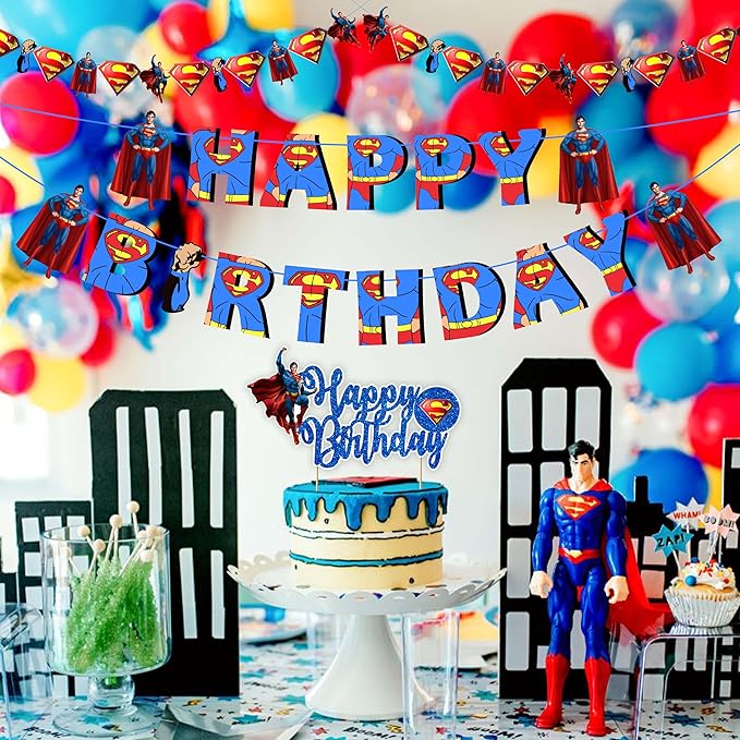 "Suprmn Theme Birthday Party Supplies – Superhero Decorations Set – Includes Happy Birthday Banner, Cake Topper, Cupcake Toppers,Garland & Table Décor – Hero Party Decoration Kit"