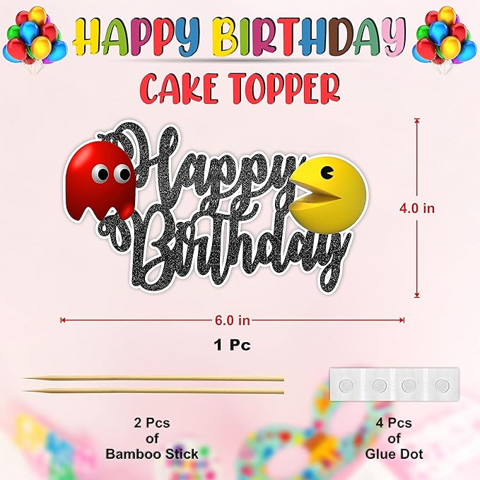 "Pacmn Ghost Happy Birthday Cake Topper – Retro Arcade Game Theme Party Decoration – Fun Gamer Birthday Cake Topper Boys, Girls, Teens, and Adults – Classic Video Game Birthday Party Supplies"
