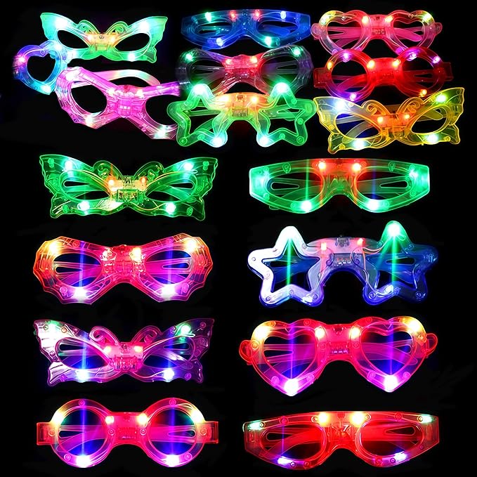 24 Packs LED Glasses for kids Glow in the dark Party Supplies Favor,6 LED 6 Shapes Glasses Flashing Plastic Light up Glass Toys Bulk 3 Replaceable Battery fit Easter Basket Stuffers Party Supplies