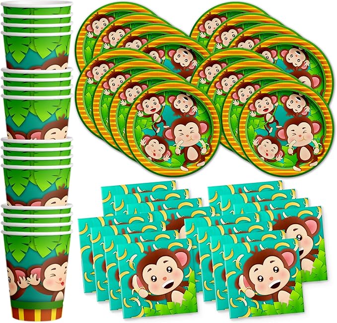 Monkey Birthday Party Supplies - Jungle Animal Party Supplies - Zoo Animal Party Supplies | Tableware Set Includes Plates, Napkins and Cups | Kit for 16