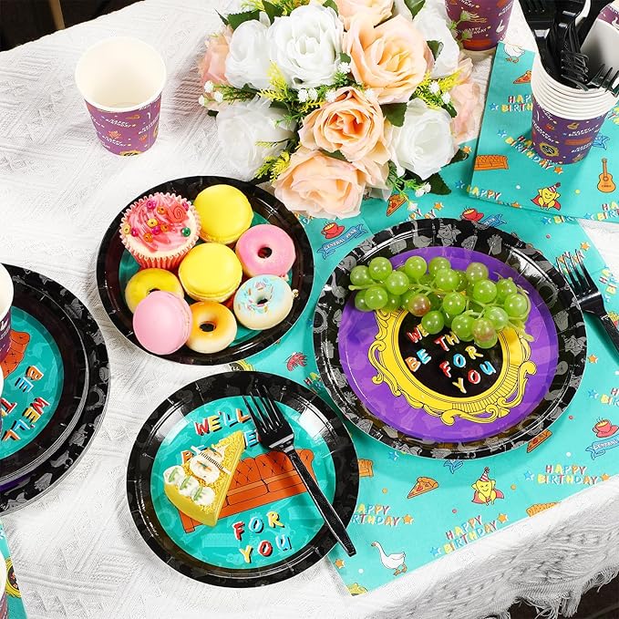 84 Pcs Happy Birthday Party Supplies Birthday Decorations Include Paper Plates Paper Cups Napkins Black Plastic Fork Disposable Dinnerware for Party Supplies