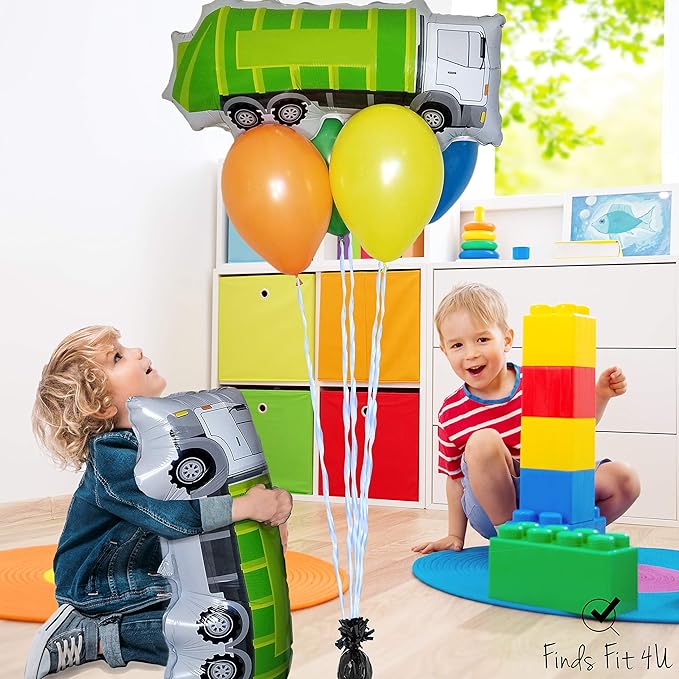 Garbage Truck Balloon - 2 Large Trash Truck Foil Balloons - Garbage Truck Birthday Party Supplies - Perfect for Birthday Parties, Events, Decoration, or a Truck Party - Ribbon Included (green) (green)