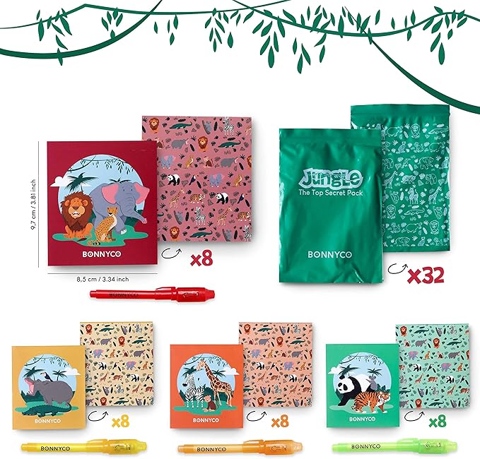 BONNYCO Invisible Ink Pen and Notebook Pack 32, Safari Party Favors for Kids. Magic Spy Pen, Goodie Bags Stuffers for Kids. Jungle Goody Bag Stuffers, Return Gifts Birthday. Classroom Prizes Students