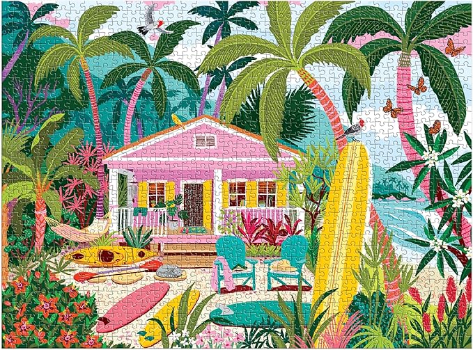 Galison Surfside Bungalow – 1000 Piece Jigsaw Puzzle Featuring Beautiful Artwork of A Beach Bungalow with Surfboards and Ocean Views