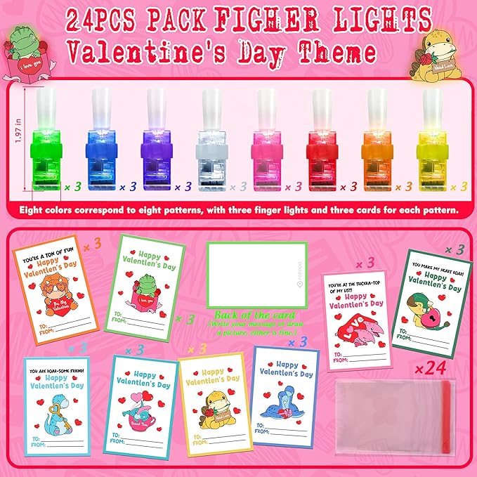 24 Pack Valentines Day Gift for Kids Boys Girls, Dinosaur LED Finger Lights with Cards, Glow in the Dark Toys, Classroom Exchange Prize, Goodie Bag Stuffers, Dino Valentine Party Favors