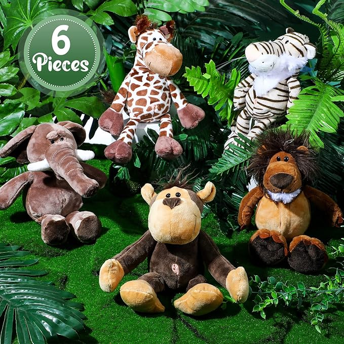 Zhanmai 6 Pieces Safari Stuffed Animals Plush Jungle Toys Set for Boys Girls, Lion Elephant Zebra Giraffe Tiger Monkey for Animal Themed Parties Student Party Decoration(Novel Style)