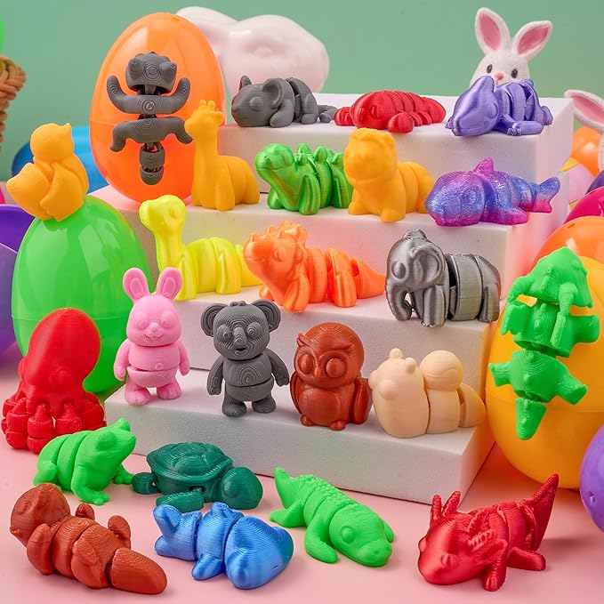 JOYIN 24 Pcs Prefilled Easter Eggs with 3D printed Mini Animals, 3D Articulated Toys for Party Favors, Basket Stuffers, Goodie Bag Fillers, Classroom Prize Supplies, Party Games for Boys & Girls