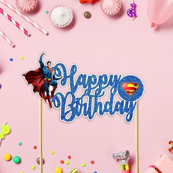 Suprmn Happy Birthday Cake Topper – Theme Party Decoration for Boys – Premium Quality Glitter Cake Topper for Birthday Cake, Birthday Party Supplies, Cartoon Character Party Decor