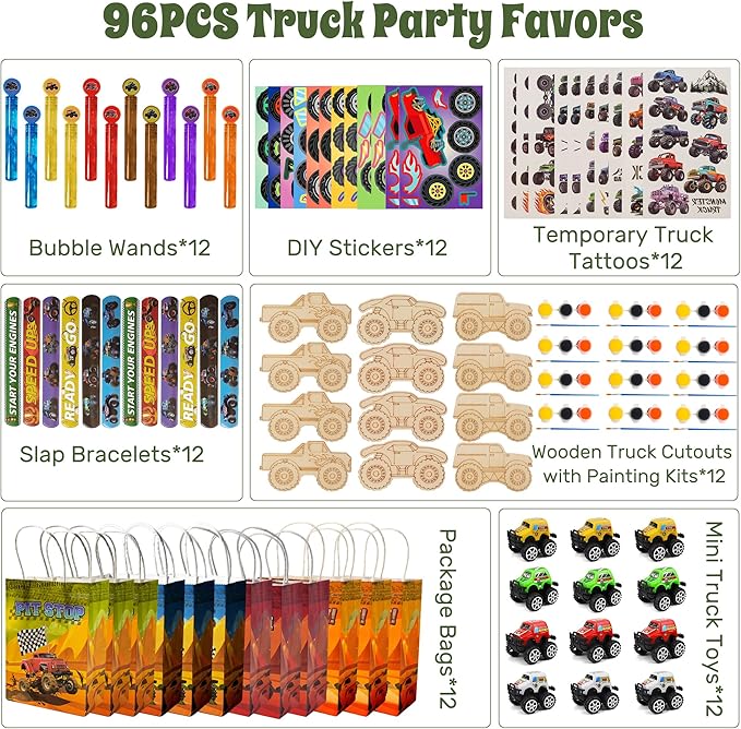 96pcs Truck Party Favors, Car Themed Birthday Party Supplies Including Truck Toys Slap Bracelets Bubble Wands DIY Stickers Painting Kits, Birthday Decorations Classroom Rewards for Kids