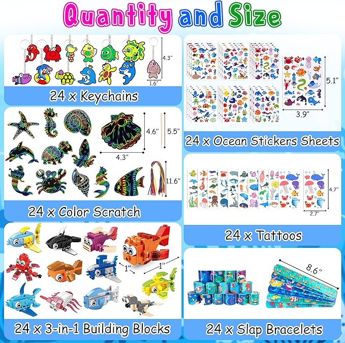 LINAYE 24 Packs Ocean Party Favors for Kids - 144 Pcs Under The Sea Party Favors with Marine Animals Building Blocks, Tattoo Stickers Sheets, Slap Bracelets Goodie Bag Stuffers for Kids