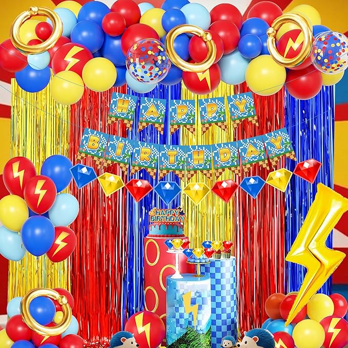 Cartoon Hedgehog Birthday Decorations for Boys,Blue Red Gold Fringe Curtains, Gold Circle Explosion Star Foil Balloon,Happy Birthday Banner