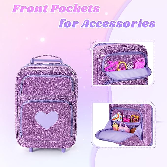 LoDrid Travel Backpack Compatible with Barbie Dolls 12-inch, Doll Carrying Case with Wheels, Suitcase Storage Organizer with Multiple Pockets for Doll Clothes and Accessories, Purple, Bag Only
