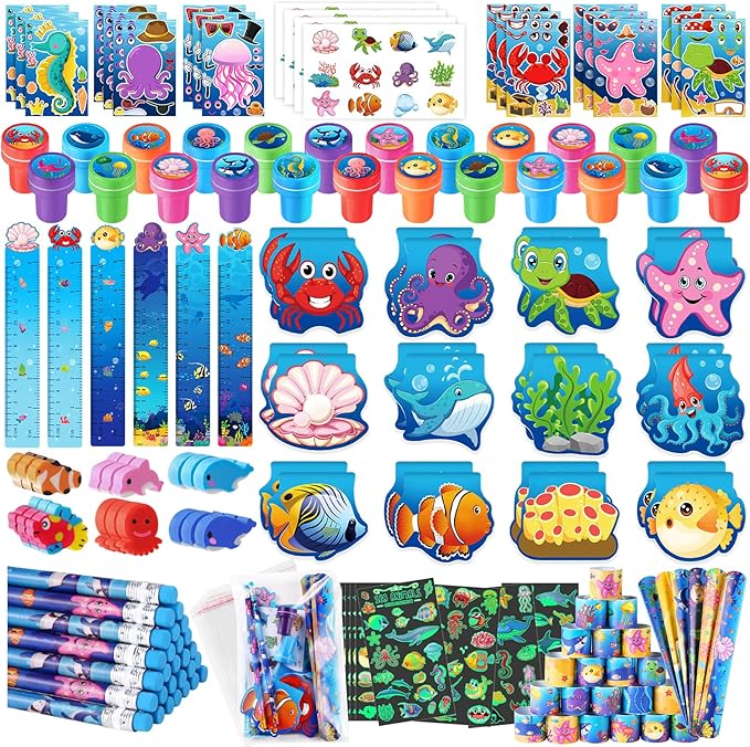 BenLouis 120Pcs Under the Sea Party Favors Ocean Animals Party Stampers Stickers School Stationery Bulk for Kids Sea Shark Birthday Mermaid Party Goodie Bag Stuffer Classroom Gifts Rewards Supplies