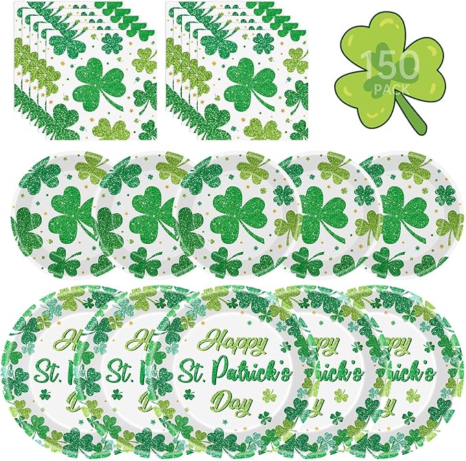 150 Pcs Happy St Patricks Day Plates and Napkins Set - Disposable St. Patrick's Day Tableware kit, Green Shamrock Paper Dinner Dessert Plates Dinnerware for St Patrick Day Party Decorations, Serve 50