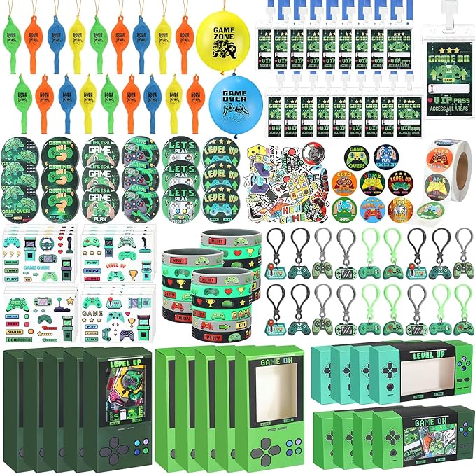 195 Pcs Video Game Party Favors for Kids Gamer Goodie Bag Stuffers Gaming Birthday Party Supplies with Gift Boxes, VIP Pass, Balloons, Bracelets, Keychains, Badges, 3D Stickers (Green)