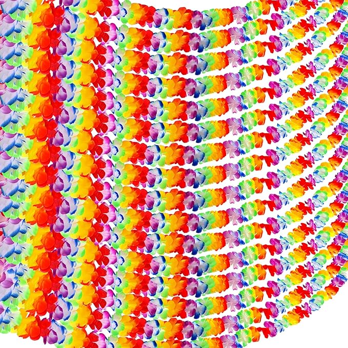 Aneco 50 Pack Hawaiian Tropical Jumbo Multicolored Luau Hibiscus Flower Lei Garland for Hawaiian Party Supplies Decorations, 10 Feet Each