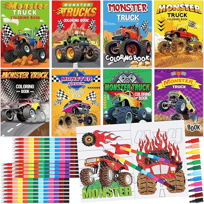 Funrous 24 Set Monster Truck Coloring Books Bulk with 24 Stacking Crayons Monster Truck Party Favors Activity Books Classroom Gifts for Themed Birthday Gift Reward Prize Party Supplies