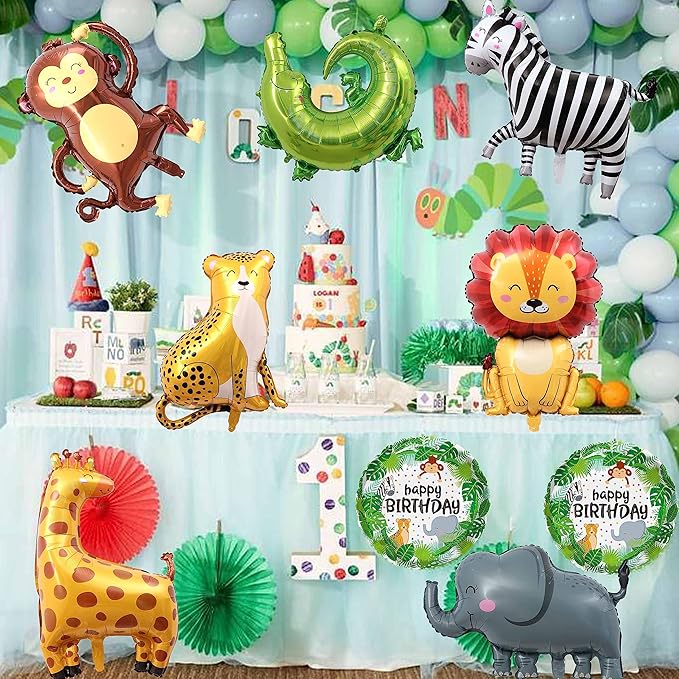 TUWUNA 9Pcs Safari Jungle Animal Balloons,Wild One Birthday Decorations Baby Shower Jungle Safari Party Supplies,Kids Elephant Monkey Lion Giraffe Leopard Zebra Crocodile Balloon