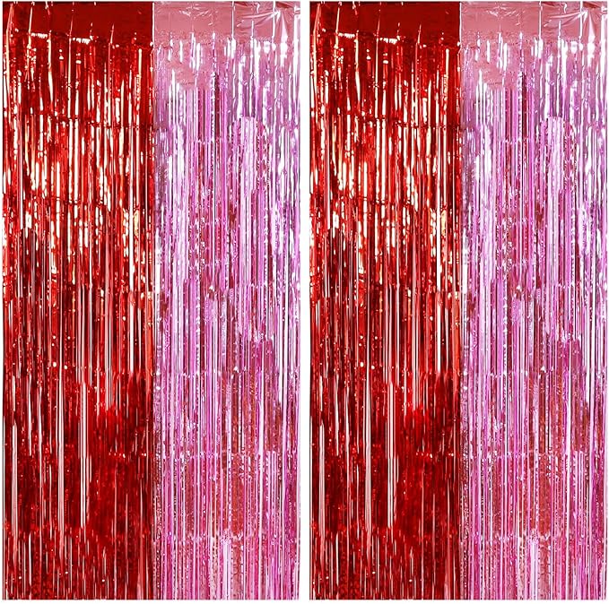 TONIFUL Valentine's Day Door Streamers,Red and Pink Photo Booth Backdrop Metallic Streamers Foil Fringe Curtain for Birthday Valentine's Day Bridal Shower Engagement Party Decoration