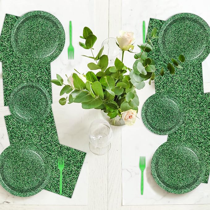 gisgfim 96 Pcs Green Grass Plates and Napkins Party Supplies Grass Tableware Set Sage Greenery Party Decorations Favors for Girls Boys Birthday Baby Shower Serves 24