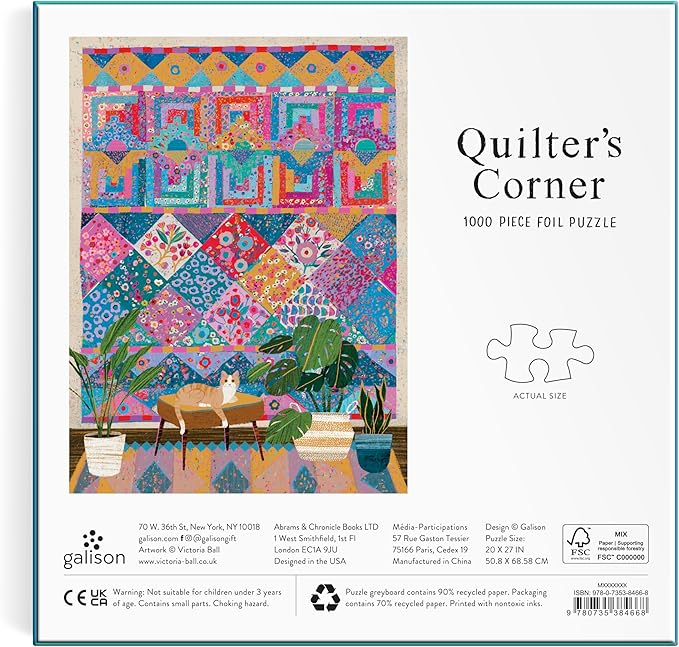 Galison Quilter's Corner – 1000 Piece Victoria Ball Jigsaw Puzzle Featuring Beautiful Artwork of Quilts and Textile Arts
