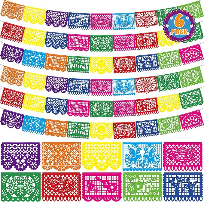 6 PCS Cinco De Mayo Banner, 110FT Colorful Fiesta Party Decorations, Plastic Hanging Papel Picado Mexican Banner for Dia De Los Muertos Decorations Day of Dead Altar Kit Fiesta Decor Party Favor