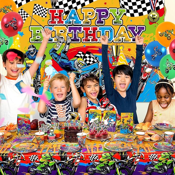 Dirt Bike Party Supplies, Includes Happy Birthday Backdrop, Plate, Napkin, Cups, Cake Toppers, Gift Bags, Tablecloth, for Kids Boys Girls Motorcycle Extreme Sports Theme Birthday Decorations Serve 20