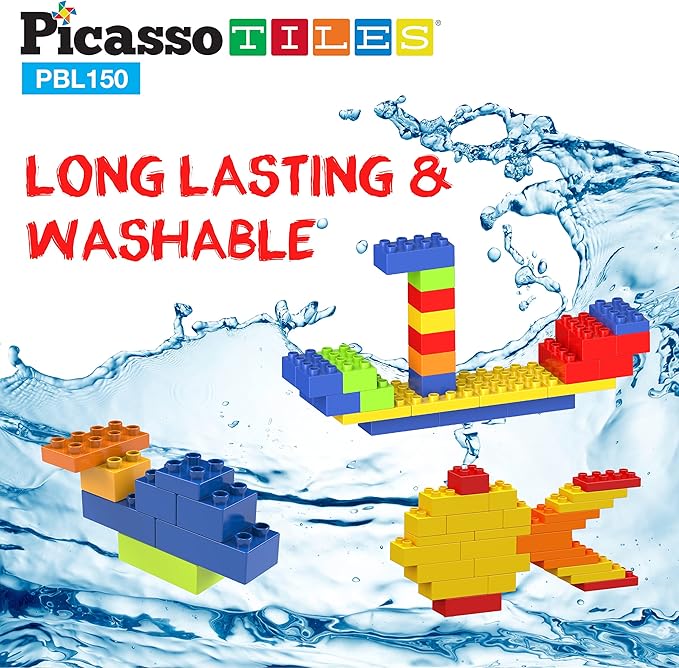 PicassoTiles 150 Piece Large Construction Brick Building Blocks STEM Bricks Toy Set Creative Learning Early Education Playset 5 Colors 4 Unique Shapes Mix & Match Toys for Kids Boys Girls Child Age 3+