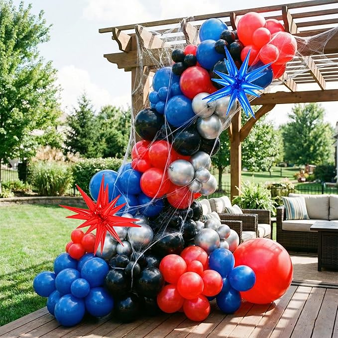 105Pcs Birthday Decorations for Boys, Red Blue Black Silver Balloon Garland Arch Kit with Starburst Foil Balloons for Kids City Defender Comic Vibe Baby Shower Party Supplies