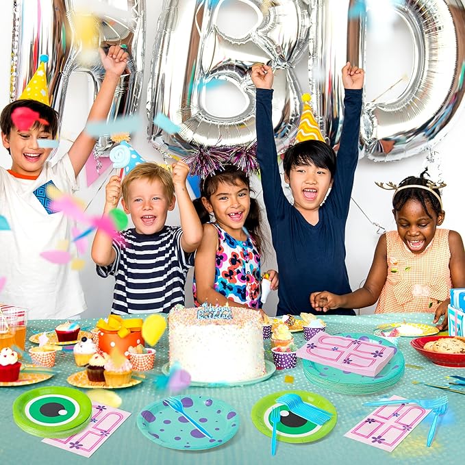 Monster Birthday Party Supplies - 96pcs Paper Plates Napkins Plastic Forks Kids Girl Boy Little Birthday Party Table Decorations Monster Themed Disposable Cake Tableware Set for 24 Guests