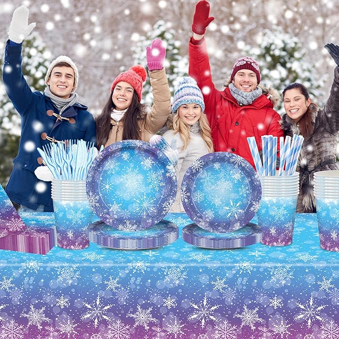 3 Winter Snowflake Plastic Tablecloth Decorations, Holographic Blue and Purple Snowflake Winter Wonderland Disposable Table Cover for Winter Holiday Birthday Decorations, 54x108 Inch