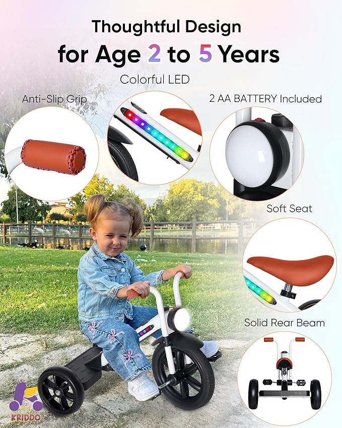 KRIDDO Kids Tricycle, 12 Inch Puncture Free Wheel w Front Light, Adjustable Seat Height, Gift for 2-5 Year Olds, WhiteLED