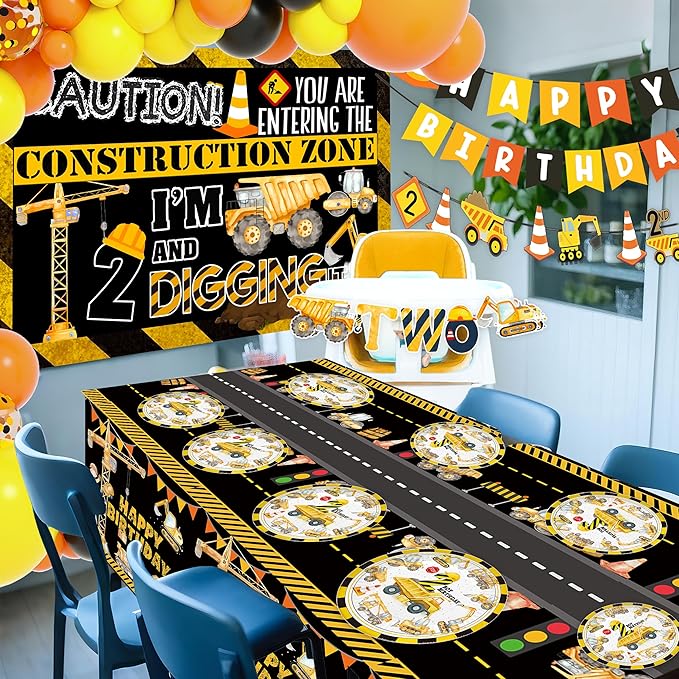 Construction 2nd Birthday Party Supplies ,Dump Truck 2nd Birthday Party Decorations Tableware Includes Box Cutout Sash Plates, Cup, Napkin, Balloon, Backdrop, Tablecloth, Banner, Construction 2nd