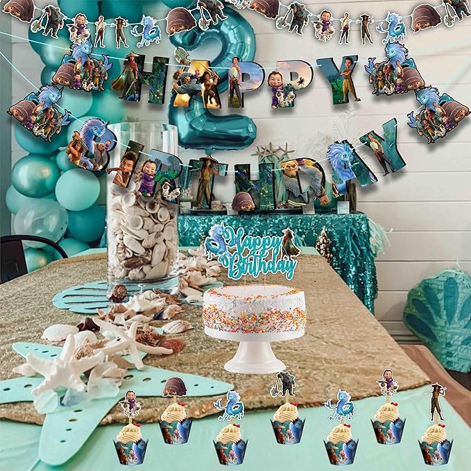 "Raya and the Last Dragn Theme Birthday Party Supplies – Fantasy Princess Party Decorations – Includes Happy Birthday Banner, Cake Topper, Cupcake Toppers, Garland, Table Decor, and More"