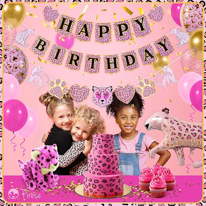 Pirese Pink Cheetah Happy Birthday Banner, Pink Cheetah Birthday Decorations, Leopard Party Decorations, Animal Birthday Party Decorations | Safari Party | Leopard Party Supplies | Animal Print
