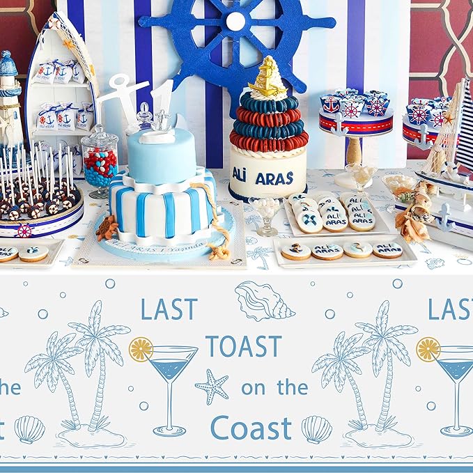 K1tpde 3PCS Last Toast On The Coast Bachelorette Party Tablecloth for Adult, Coastal Themed Blue Wine Cup Shell Starfish Plastic Tablecloth, Disposable Tablecover for Bachelorette Party Decorations