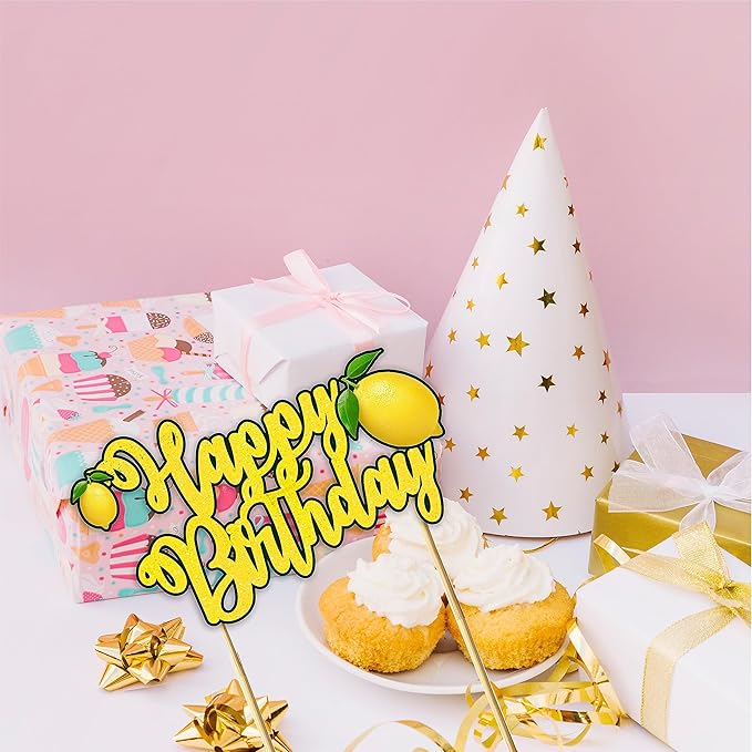 Lemon Happy Birthday Cake Topper – Fresh Fruit Theme Cake Decoration for Birthday Celebration, Lemon Inspired Dessert Topper for Party Cakes, Table Display Styling, Photo Setup.