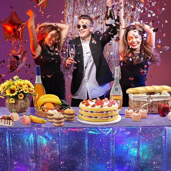 6Pcs Iridescent Space Tablecloths, Disposable Plastic Purple Galaxy Table Cloth Rectangle Table Covers for Space Starry Night Star Theme Party Birthday Party Decorations, 54x108 Inch