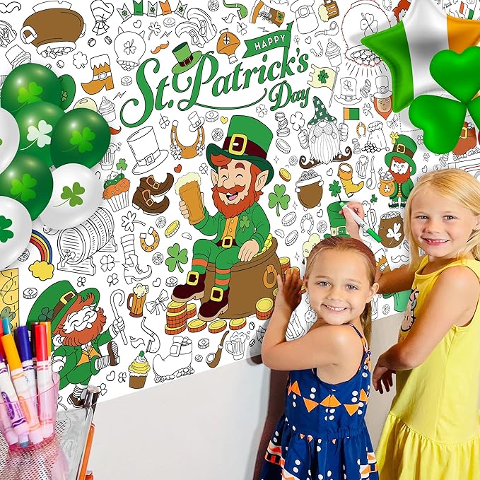 St. Patrick’s Day Coloring Tablecloth for Kids, Giant 30x72 Inch Poster with Shamrocks, Leprechauns, Perfect for Party Games, Holiday Decorations, Classroom Activities, Party Supplies