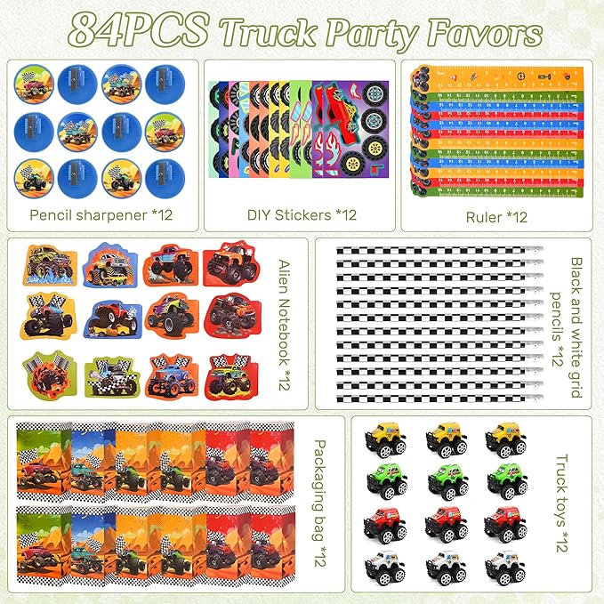 84pcs Truck Party Favors, Car Themed Birthday Party Supplies Including Truck Toys Notebooks Rulers Pencils DIY Stickers Pencil Sharpener, Race Car Themed Party Goodies Classroom Rewards