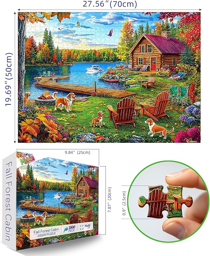 Autumn Lake House 1000 Piece Jigsaw Puzzle for Adults - Rustic Log Cabin, Dock & Fall Foliage Scenery with Dogs - Fun Landscape Challenging Gift for Game Night 27x20 Inches