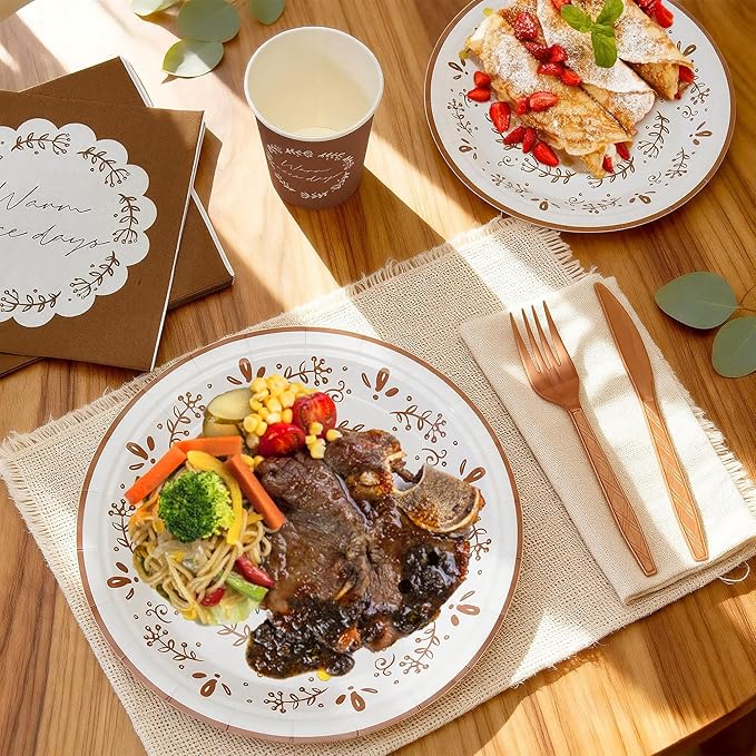 144Pcs Boho Birthday Party Supplies Decorations Brown Flower Paper Plates Napkins Vintage Party Tableware Disposable Dinnerware Set for Birthday Baby Shower Table Decor, Serve 24