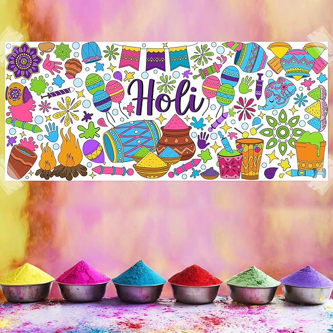 Jumbo Holi Coloring Poster - Happy Holi Festival DIY Drawing Color-in Paper Blank Doodle Art Banner 55.1 x 23.6 Inch Decor Home Family Community Activity Celebration Party Suppiles